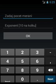 Androidová appka - úvodná obrazovka - počet meraní a hodnota 10^n